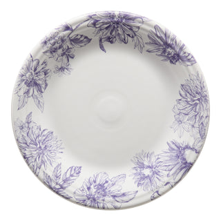 The Fiesta Botanical Floral Lavender Classic Rim 10 1/2 Inch Dinner Plate features a white ceramic surface with a detailed purple floral pattern on the rim and a plain center, exemplifying fine American dinnerware craftsmanship.