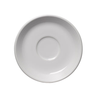 A Fiesta Retired Classic Rim 5 7/8 Inch Saucer in white, made in the USA, is shown from above with a central circular indentation and placed on a white background.