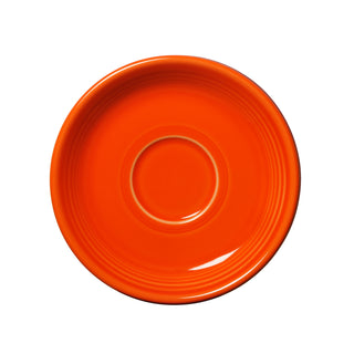 A Fiesta Retired Classic Rim 5 7/8 Inch Saucer in Poppy, made in the USA, features a central circular indentation and is photographed from above on a white background.