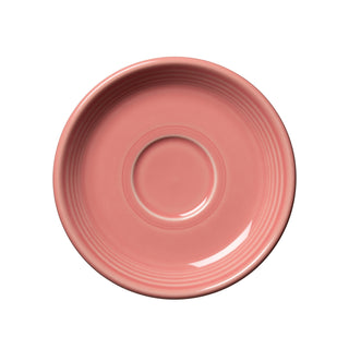 The Fiesta Retired Classic Rim 5 7/8 Inch Saucer in peony features a round shape, glossy finish, and concentric ridges. Seen from above on a white background. Made in the USA and available in classic Fiesta signature colors.