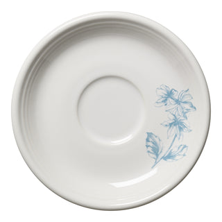 The Fiesta Retired Botanical Floral Classic Rim 5 7/8 Inch Saucer is white vitrified china with a center indentation and a delicate light blue floral design. Durable, dishwasher safe, and perfect for everyday use.