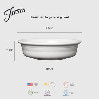 The Fiesta Lavender Classic Rim 8 1/4" Large Serving Bowl holds 40 oz and is lead safe, microwave, oven, and dishwasher safe. Covered by a 5-year chip warranty—perfect for serving with your favorite Fiesta dishes.