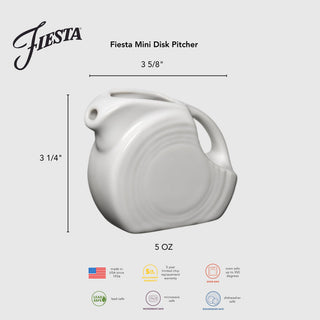 The Fiesta Lavender 5 OZ Mini Disk Pitcher features classic Art Deco design, measures 3 1/4" tall by 3 5/8" wide, and is lead safe, microwave, oven, and dishwasher safe. Made in the USA—perfect for serving syrup.