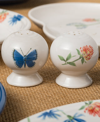 The Fiesta Retired Breezy Floral 2 5/8 Inch Salt and Pepper Shaker Set features round, white vitrified china shakers with butterfly and floral designs. Made in the USA, dishwasher safe, displayed near floral plates on a woven surface.