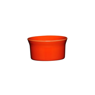 The Fiesta Retired 8 OZ Ramekin in Poppy is a small, round, orange ceramic dish with slightly flared sides, measuring 4 inches—an oven-safe and colorful addition to any kitchen. Photographed on a white background.