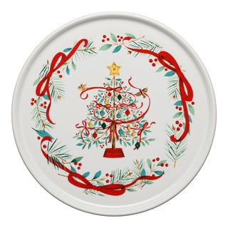 The Fiesta Holly Berry Christmas Tree 12 Inch Round Baking and Serving Platter features a festive tree design—ideal holiday dinnerware or pizza tray.
