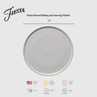 The Fiesta Lavender 12-inch round baking and serving platter is oven, microwave, and dishwasher safe, chip-resistant for five years, made in the USA, and perfect as a pizza tray.