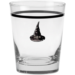 The Moderne Glass Fiesta Halloween Icons 15 oz. Tapered Double Old Fashion glass, sold as a set of four and made in the USA, features a clear design with a black horizontal stripe near the rim and an illustration of a witch’s hat on the side.
