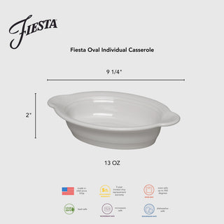 Fiesta's Lavender 9 1/8" Oval Individual Casserole holds 13 oz and is microwave safe, lead-free, oven to table bakeware made in the USA—ideal for serving and easy cleanup.