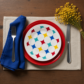 A colorful dinnerware setting features the Fiesta Vibrant Kaleido Circles Classic Rim 9 Inch Luncheon Plate by Fiesta, showcasing a lively geometric pattern, placed on a red charger atop a beige placemat. A blue napkin and fork are set to the left, with the knife on the right, while a small bundle of yellow flowers adds a cheerful accent beside this modern luncheon plate.