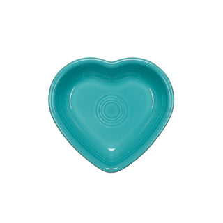 A glossy turquoise Fiesta Retired Small Heart Bowl, heart-shaped and seen from above on a white background—ideal as a jewelry holder or a charming hostess gift.