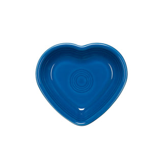 A blue Fiesta Retired Small Heart Bowl—heart-shaped ceramic dish ideal as a jewelry holder or thoughtful hostess gift—shown from above on a white background.