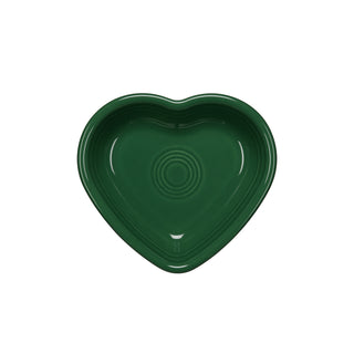 A green, heart-shaped ceramic dish by Fiesta, the Retired Small Heart Bowl, shown from above on a white background. Ideal as a jewelry holder or thoughtful hostess gift.