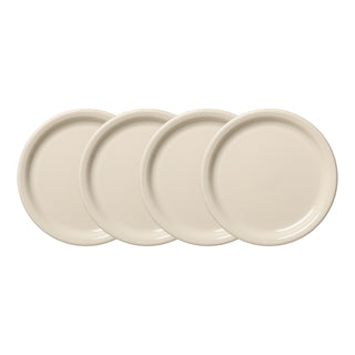 The Fiesta Linen Set of 4 Bistro Coupe 9 Inch Luncheon Plates features four cream-colored plates, arranged slightly overlapping on a white background—an elegant, understated addition to any table.