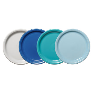 The Fiesta Mixed Coastal Blues Bistro Coupe 9 Inch Luncheon Plate Set includes four smooth, round plates in white, dark blue, teal, and light blue—ideal for a coastal blue dinnerware collection.