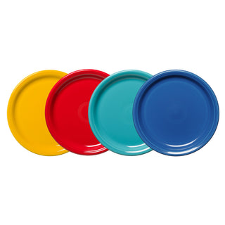 Fiesta’s Mixed Vibrant Bistro Coupe 9 Inch Luncheon Plate Set of 4, in bold solid colors, is arranged in a slightly overlapping row against a white background—perfect for adding lively style to your table.