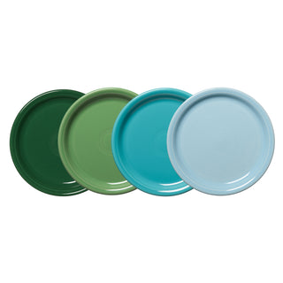 Four Fiesta Mixed Aegean Bistro Coupe 9 Inch Luncheon Plates—dark green, light green, turquoise, and light blue—are partially overlapping on a white background, highlighting this vibrant set of colorful dinnerware.