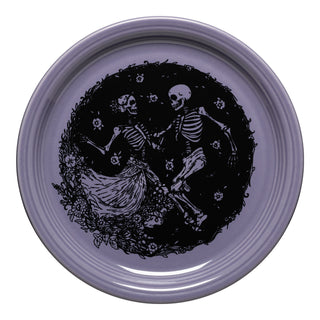 The Fiesta Skeleton Duet Lavender Bistro Coupe 9 Inch Luncheon Plate features two skeletons dancing among flowers and foliage—an ideal choice for fans of unique skeleton dinnerware.