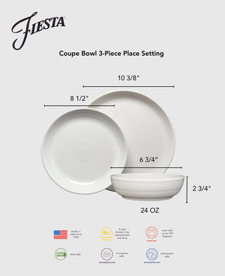 The Fiesta Lavender Coupe Bowl 3-Piece Place Setting includes a dinner plate (10 3/8"), salad plate (8 1/2"), and coupe bowl (6 3/4" wide, 2 3/4" high, 24 oz). This lead-safe china is microwave and dishwasher safe.