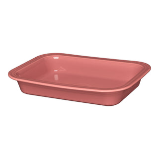 The Fiesta Retired Rectangular 9x13 Inch Baker, 3 Quart in peony, features a shallow, glossy finish with rounded edges. Made in the USA and oven safe, this bakeware is shown on a white background.