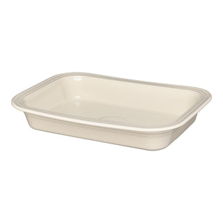 The Fiesta Linen Rectangular 9x13 Inch Baker, a 3-quart cream-colored ceramic dish with rounded corners and a raised rim, is an elegant oven-safe bakeware piece shown against a white background.