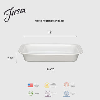 The Fiesta Rectangular 9x13 Inch Baker, 3 Quart, is oven safe, lead-free, microwave and dishwasher safe, and comes with a 5-year chip warranty. From the trusted Fiesta brand.