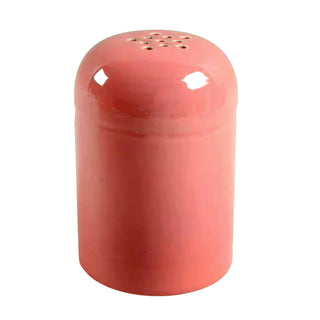 The Retired Fiesta Cheese Shaker by Fiesta, in Flamingo color, features a hand-finished, chip-resistant design with a rounded top and multiple holes, shown isolated on a white background.