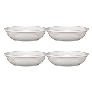 The Fiesta White Set of 4 Classic Rim 8 3/8-Inch 34oz Pasta Bowls features a simple design, dishwasher safe for everyday use or special occasions. Arranged in two rows of two, these ceramic bowls suit any dining setting.