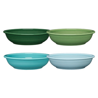 The Fiesta Mixed Aegean Classic Rim 8 3/8-Inch 34OZ Pasta Bowls, Set of 4, features dark green, light green, turquoise, and light blue bowls arranged in two rows on a white background. Stylish and dishwasher safe.