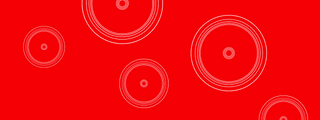 Abstract image featuring a bright red background with several white concentric circles of varying sizes scattered across the canvas.