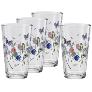 The set of four Retired Breezy Floral 16 oz. Cooler Glasses by Moderne Glass features a colorful wildflower and blue butterfly design, inspired by Breezy Floral Dinnerware, and is made in the U.S.A.