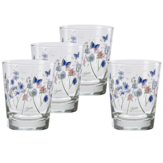 This set of four 15 oz. tapered double old fashion glasses by Moderne Glass, from the retired Breezy Floral collection, features blue and pink flowers with green stems and butterflies on a white background.
