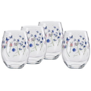 Set of four 15 oz. Retired Breezy Floral stemless wine glasses by Moderne Glass, featuring blue and pink flowers and butterflies. Inspired by Breezy Floral Dinnerware; hand wash only. Arranged in a staggered row on white background.