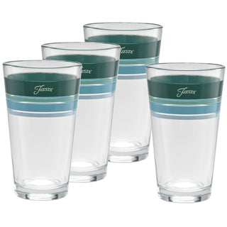 Set of four Moderne Glass Mixed Aegean 16 oz. Edgeline cooler glasses, each featuring green and blue striped bands near the rim with "Fiesta" on the green stripe. Made in the USA and part of Fiesta Dinnerware.