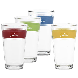 The 16 oz. Fiesta® Frame Cooler Bright set by Moderne Glass includes four clear coolers with colored bands—red, green, blue, yellow—featuring "Fiesta" in white script. Part of the Fiesta Dinnerware collection and made in the USA.