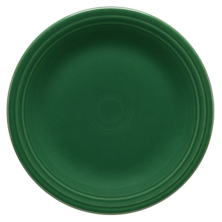 A plain, round, dark green ceramic plate with a glossy finish and a simple, raised rim design. The plate is empty and viewed from directly above against a white background.