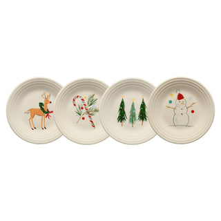 Add festive cheer to your table with the Fiesta Jolly Christmas Classic Rim 9 Inch Luncheon Plate Set—four plates featuring a reindeer, candy cane, Christmas trees, and snowman designs, perfect for your holiday celebrations.