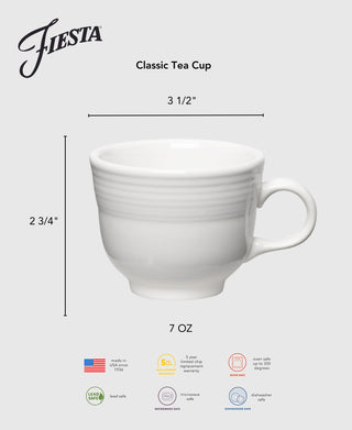 The Fiesta Retired Classic 7 3/4 OZ Tea Cup is white ceramic with a handle, 3.5" wide, 2.75" tall. Dishwasher, microwave, oven safe, lead-safe china, and made in the USA.