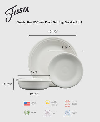 The Fiesta Mixed Sunset Horizon Classic Rim 12-Piece Dinnerware Set, Service for 4, includes 10.5" dinner plates, 7.25" salad plates, and 6.875" bowls in classic white. Made in the USA, this set offers both style and durability.
