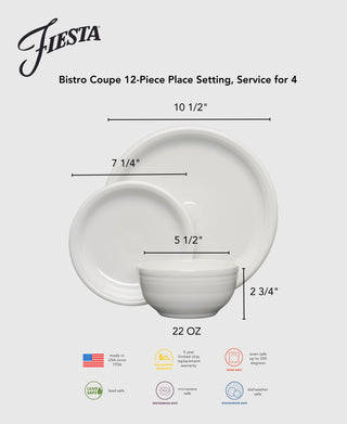The Fiesta Mixed Vibrant Bistro Coupe 12-Piece Dinnerware Set for 4 includes 10.5" and 7.25" plates plus a 5.5" (22 oz) bowl, shown with size labels and dishwasher safe china icons.