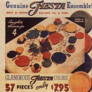 Vintage advertisement for Fiesta dinnerware set showing a colorful table setting for four, with plates, cups, saucers, glasses, utensils, and pitchers in various bright colors, and pricing details at the bottom.