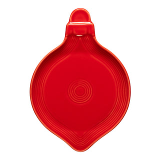 The Fiesta 8 3/4 Inch Ornament Shaped Plate in Scarlet features a smooth, glossy ceramic finish and subtle ring design—ideal for festive holiday table settings, shown from above on a white background.