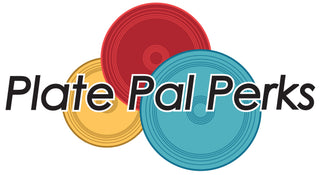 Logo with three overlapping colored plates—red at the top, yellow at the bottom left, and blue at the bottom right. The text Plate Pal Perks is written in bold black letters across the plates.