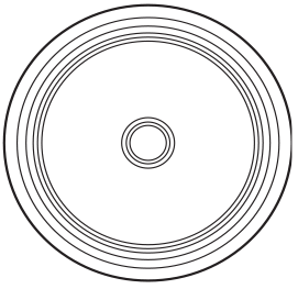 A series of six black concentric circles of varying thickness are centered on a white background, creating a simple geometric pattern.