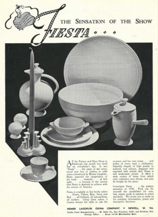 Vintage black and white ad for Fiesta dinnerware features various plates, bowls, cups, a teapot, a pitcher, and a tall candle holder arranged artistically with bold text above.