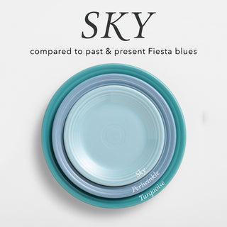Three nested plates show different shades of blue: the smallest plate is light blue labeled Sky, the middle plate is a soft blue labeled Periwinkle, and the largest plate is teal labeled Turquoise.