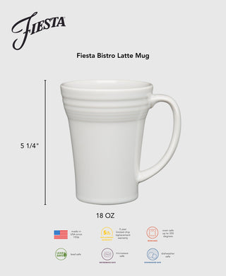 The Fiesta 18 OZ Bistro Latte Mug by Fiesta is a white ceramic mug, 5 1/4" tall, made in the USA from vitrified china. It’s lead safe, dishwasher/microwave safe, oven safe to 350°F, and includes a 5-year chip warranty.