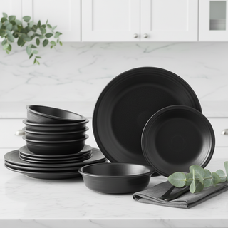 Black Dinnerware with Greenery White Kitchen