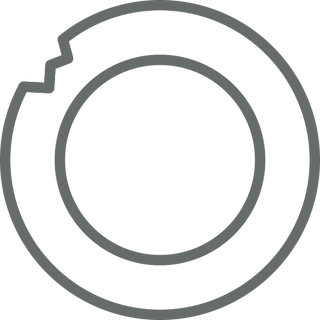 A simple gray outline of a thick, hollow circle with a small zigzag bite shape taken out of the upper left side of the outer ring. The background is light gray.