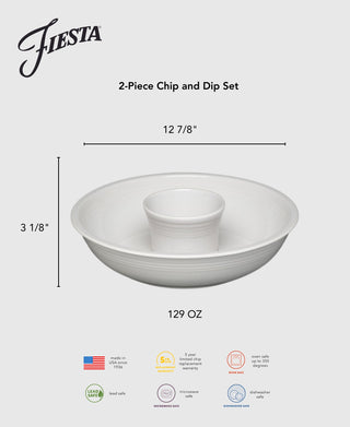 The Fiesta 2-Piece Chip and Dip Set (12 7/8") features a center dip bowl, holds 129 oz, is lead safe, microwave and dishwasher safe, and made in the USA. Collect other classic Fiesta colors!.